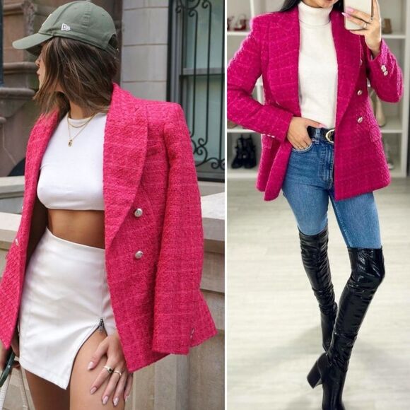 Blogger Fave Zara Textured Tweed Fuschia Pink Double Breasted Blazer Size XS - Picture 1 of 14